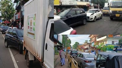 എം സി റോഡിൽ കെസ്ആർടിസി ബസ് പെട്ടന്ന് ബ്രേക്കിട്ടു, 4 വാഹനങ്ങൾ ഇടിച്ചുകയറി അപകടം, ഗതാഗതക്കുരുക്ക്   