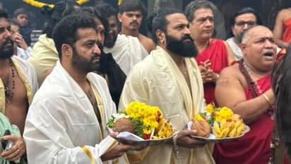 Jr NTR, Rishab Shetty offer Prayers at Kolluru Shri Mookambika Devi Temple
