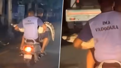 Gujarat floods: Rescuers transport giant crocodile on scooter in viral video (WATCH)