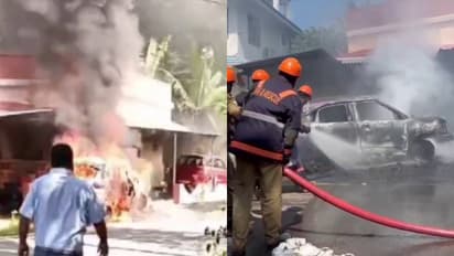 നിയന്ത്രണം വിട്ട് കാര് വീടിന് മുമ്പിൽ നിര്ത്തിയിട്ടിയിരുന്ന കാറിൽ ഇടിച്ച് അപകടം, പിന്നാലെ തീ ആളിപ്പടർന്നു