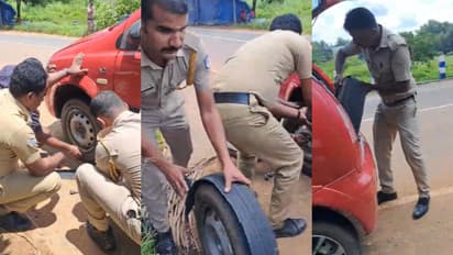 ഓട്ടത്തിൽ ടയര് പൊട്ടിത്തെറിച്ചു, കാർ നിന്നത് പട്രോളിങ് വാഹനത്തിന് മുന്നിൽ, തിരുവല്ല പൊലീസ് സഹായത്തിൽ രക്ഷ