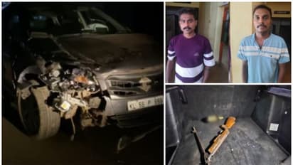 ബൈക്ക് യാത്രക്കാരെ ഇടിച്ചിട്ട കാറിലുണ്ടായിരുന്നത് 4 പേർ, രണ്ട് പേർ ഇറങ്ങിയോടി; കാറിൽ തോക്കും മദ്യക്കുപ്പികളും