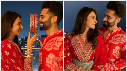Karwa Chauth 2024: Rakul Preet Singh celebrates first Karwa Chauth with Jackky Bhagnani amid injury [PHOTOS]