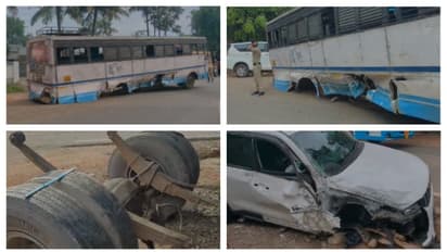 എതിർദിശയിൽ നിന്നും കാർ വന്നിടിച്ചു, കെഎസ്ആർടിസി ബസിന്റെ ടയറുകൾ ആക്സിലടക്കം ഇളകിമാറി; അപകടം കൊല്ലത്ത്