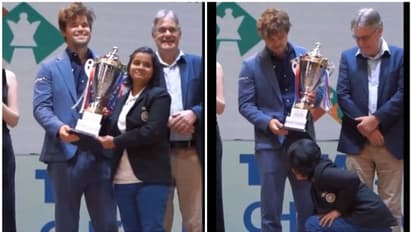Indian chess star Bristy Mukherjee touches grandmaster Carlsen's feet; heartwarming gesture wins hearts| WATCH
