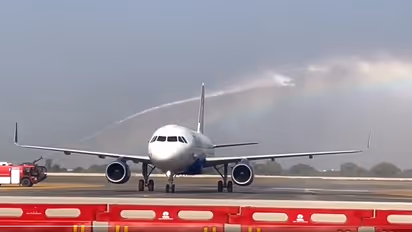 Jewar Airport welcomes its first test flight; IndiGo receives water salute (WATCH)