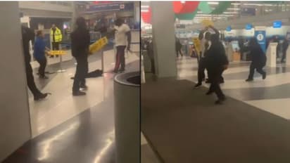 തിരക്കേറിയ വിമാനത്താവളത്തിൽ നാലംഗ സംഘത്തിന്റെ പൊരിഞ്ഞ തല്ല്; ആയുധമായി സൈൻ ബോർഡുകളും മെറ്റൽ സ്റ്റാൻഡും