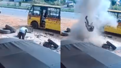 ടയർ നന്നാക്കുന്നതിനിടെ പൊട്ടിത്തെറിച്ചു, മെക്കാനിക്കിന് പരിക്ക് ; വീഡിയോ കാണാം