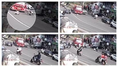 കാറിടിച്ച് ലോറിക്ക് മുന്നിലേക്ക് തെറിച്ചു വീണ് ബൈക്ക് യാത്രികനായ യുവാവ്; ഡ്രൈവർ ബ്രേക്കിട്ടു, ഒഴിവായത് ദുരന്തം