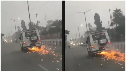 UP: Car rams man riding bike, drags vehicle stuck under wheels for 2km on road, triggers spark (WATCH)