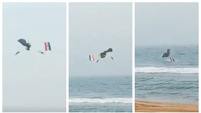 പറന്നിറങ്ങവെ പാരച്യൂട്ടുകൾ തമ്മിൽ കുരുങ്ങി കടലില്‍ വീഴുന്ന നാവിക സേനാ ഉദ്യോഗസ്ഥരുടെ വീഡിയോ വൈരൽ