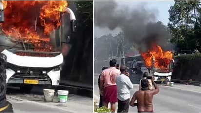 ഓടിക്കൊണ്ടിരുന്ന ടൂറിസ്റ്റ് ബസിന് തീപിടിച്ചു; മുൻഭാഗം പൂർണമായും കത്തിനശിച്ചു, വൻ അപകടം ഒഴിവായത് തലനാരിഴയ്ക്ക്