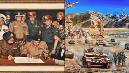 പാകിസ്ഥാൻ കീഴടങ്ങുന്ന പ്രശസ്ത ചിത്രം മാറ്റി, പകരം ചാണക്യനും കൃഷ്ണാർജുനന്മാരുമുള്ള പുതിയ പെയിന്റിങ്- വിവാദം