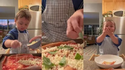 അമ്മയോടൊപ്പം പിസ തയ്യാറാക്കുന്ന കുരുന്ന്; വീഡിയോ വൈറൽ