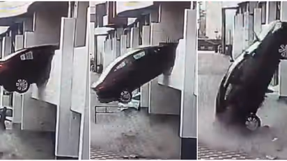 അബദ്ധത്തിൽ ഇട്ടത് റിവേഴ്സ് ഗിയർ, ഞെട്ടിക്കുന്ന വീഡിയോ പുറത്ത്; ഒന്നാം നിലയിൽ നിന്ന് കാർ താഴേക്ക് പതിച്ചു