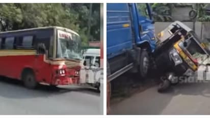 മിനി ലോറിക്ക് പിന്നിൽ ആദ്യമിടിച്ചത് കെഎസ്ആർടിസി, ലോറി തൊട്ടുമുന്നിലെ ഓട്ടോയിലിടിച്ചു; അപകടം, 2 പേർക്ക് പരിക്ക്