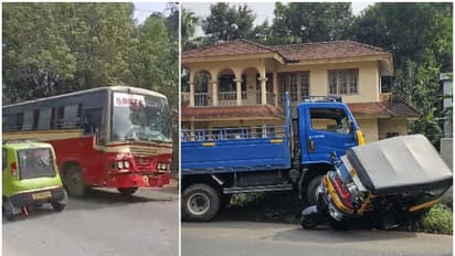 ബ്രേക്ക് പോയ കെഎസ്ആർടിസി ബസ് മിനിലോറിക്ക് പിന്നിലിടിച്ചു, ലോറി ഓട്ടോയിലേക്ക് ഇടിച്ചുകയറി; 2 പേർക്ക് പരിക്ക്