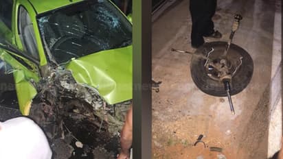 ഓടിക്കൊണ്ടിരുന്ന കാറിൻ്റെ ടയർ ഊരിത്തെറിച്ച് അപകടം; നിയന്ത്രണം വിട്ട വാഹനം മതിലിലിടിച്ച് രണ്ട് പേർക്ക് പരുക്ക്