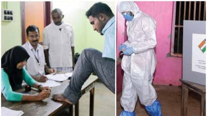 പിപിഇ കിറ്റിട്ട് വോട്ട് ചെയ്യുന്നൊരാൾ, കാൽ വിരലിൽ വോട്ടടയാളമിടുന്നവർ, കൗതുകം തുറന്നിട്ട് വോട്ട് ചിത്ര പ്രദർശനം