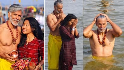 Milind Soman at Mahakumbh with wife Ankita Konwar; couple takes holy dip on Mauni Amavasya