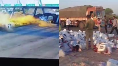 നിയന്ത്രണംവിട്ട ലോറി ടോൾ പ്ലാസയിലേക്ക് ഇടിച്ചുകയറി ഡ്രൈവർ മരിച്ചു; മാതളം പെറുക്കാൻ തിരക്കുകൂട്ടി നാട്ടുകാർ