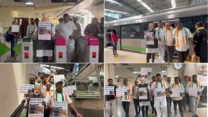 Congress workers wear Modi masks, protest against Bengaluru metro fare hike at key stations (WATCH)