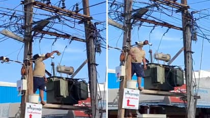बिजलीकर्मचाऱ्याचा धोकादायक स्टंट