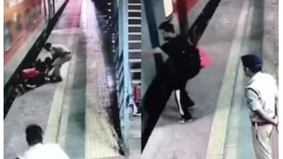 വൈകി സ്റ്റേഷനിലെത്തി, നീങ്ങിത്തുടങ്ങിയ ട്രെയിനിൽ ഓടിക്കയറാൻ ശ്രമിക്കുമ്പോൾ താഴെ വീണു; രക്ഷകനായി പൊലീസുകാരൻ