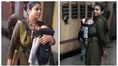 റെയിൽവേ സ്റ്റേഷനിലെ തിരക്ക് നിയന്ത്രിക്കാന് കൈക്കുഞ്ഞിനെ നേഞ്ചോട് ചേര്ത്ത് ആർപിഎഫ് ഉദ്യോഗസ്ഥയായ അമ്മ; വീഡിയോ