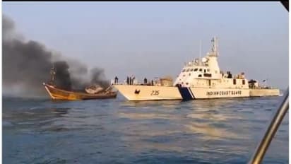 Fishing boat catches fire off Raigad coast, Maharashtra; Coast Guard & Navy rescue all 18 onboard (WATCH)