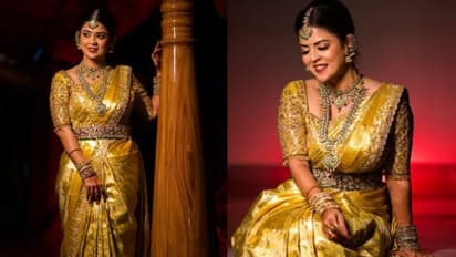 ഗോൾഡൺ സാരിയിൽ ട്രഡീഷണലായി മൻസി; വിവാഹചിത്രങ്ങൾ വൈറൽ