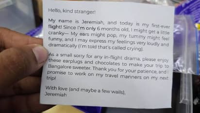6 മാസമേ പ്രായമുള്ളൂ, ഇത് ആദ്യ വിമാനയാത്ര, കരഞ്ഞേക്കാം; സഹയാത്രക്കാർക്ക് ഇയർപ്ലഗ്ഗും ചോക്ലേറ്റും കത്തും