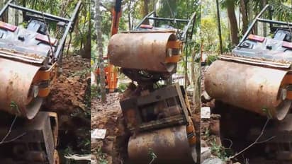 റോഡ് പണിക്കെത്തിച്ച റോളർ നിയന്ത്രണം വിട്ട് പതിച്ചത് കിണറ്റിൽ, ഓപ്പറേറ്റർക്ക് പരിക്ക് 