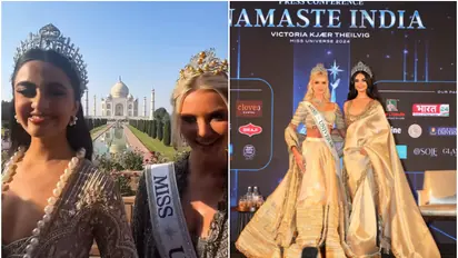 (PHOTOS) Miss Universe 2024 Victoria Kjaer Theilvig visits Taj Mahal with Rhea Singha, Miss Universe India