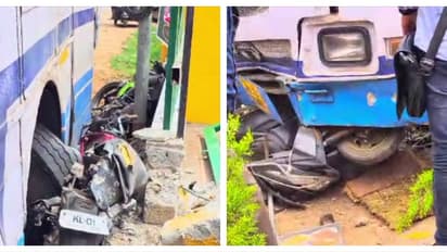 ഡ്രൈവർക്ക് ബിപി കൂടി, നിയന്ത്രണം വിട്ട ബസ് പോസ്റ്റും 4 ടൂവീലറുകളും തകർത്ത് വിശ്രമ കേന്ദ്രത്തിലേക്ക് പാഞ്ഞുകയറി