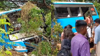 സ്വകാര്യ ബസ് നിയന്ത്രണം വിട്ട് ബൈക്കിലും മരത്തിലും ഇടിച്ച് അപകടം; ആറ് പേർക്ക് പരിക്കേറ്റു