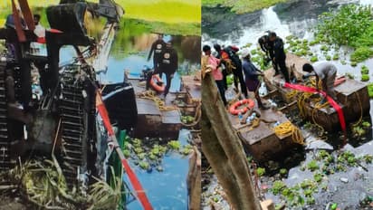 കുളത്തിലെ ദുർഗന്ധം വമിക്കുന്ന മലിനജലത്തിൽ 50അടി താഴ്ചയിലേക്ക് മുങ്ങി മണ്ണുമാന്തിയന്ത്രം, ഡ്രൈവർക്ക് അത്ഭുതരക്ഷ