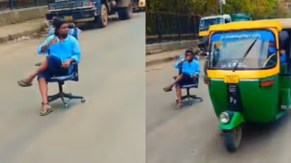 റീൽസെടുക്കാൻ തിരക്കുള്ള റോഡിൽ കറങ്ങുന്ന കസേരയിട്ടിരുന്നു; സ്റ്റേഷനിലെ ദൃശ്യം കൂടി ചേര്ത്ത് റീലാക്കി പൊലീസ്