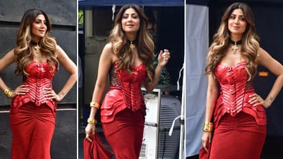 (PHOTOS) Shilpa Shetty spotted sizzling in red corset dress at Film City, Mumbai