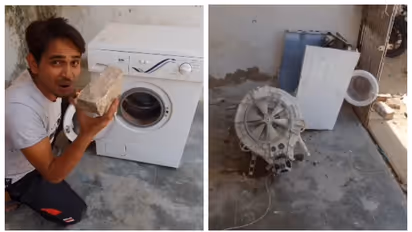 വാഷിംഗ് മെഷീനിൽ കല്ല് ഇട്ട് പരീക്ഷണം; അച്ഛൻ വീട്ടിൽ ബെൽറ്റ് ഉപയോഗിക്കാറില്ലേയെന്ന് സോഷ്യൽ മീഡിയ, വീഡിയോ വൈറൽ