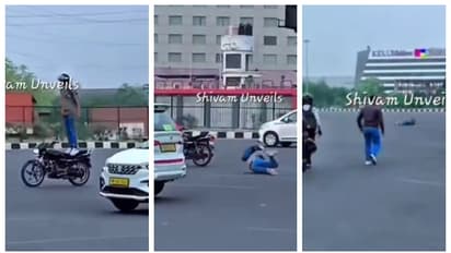 വാഹനങ്ങൾ ചീറി പായുന്ന എക്സപ്രസ് ഹൈവേയില് ബൈക്ക് സ്റ്റണ്ട്; പിന്നാലെ തലയും കുത്തി താഴേയ്ക്ക്, വീഡിയോ വൈറൽ