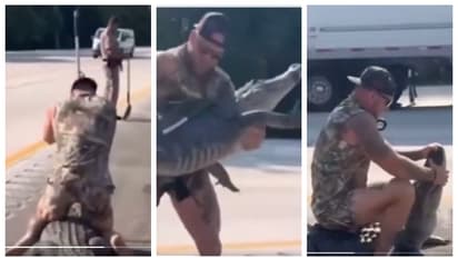 റോഡരികിൽ ഭീതി പടർത്തി ഭീമൻ മുതല; ഒറ്റയ്ക്ക് കീഴ്പ്പെടുത്തി റെസ്ക്യൂ ടീം അംഗം, വൈറലായി വീഡിയോ