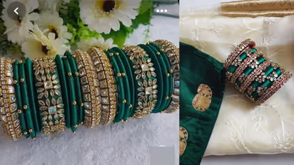 Stylish green thread bangles for wedding silk sarees