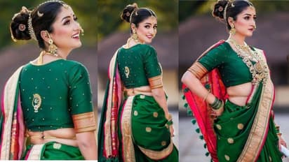 Best bun hairstyle for green saree in Sawan festival