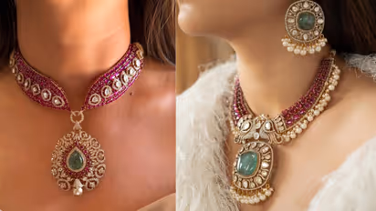 Best pink necklace designs to wear with green saree for contrast look