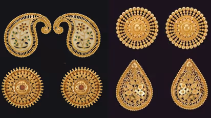 Elegant Bengali gold Kan Pasha earrings for wedding look