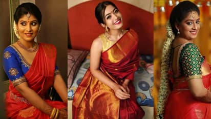 Contrast color blouse design with red saree 