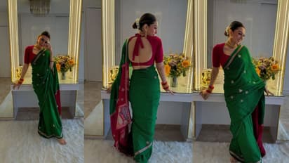 Fancy green saree design for Hartalika Teej 2025