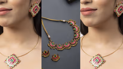 Latest pink kundan necklace design for Onam festival