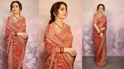 nita ambani red jamawar saree with kashmiri embroidery